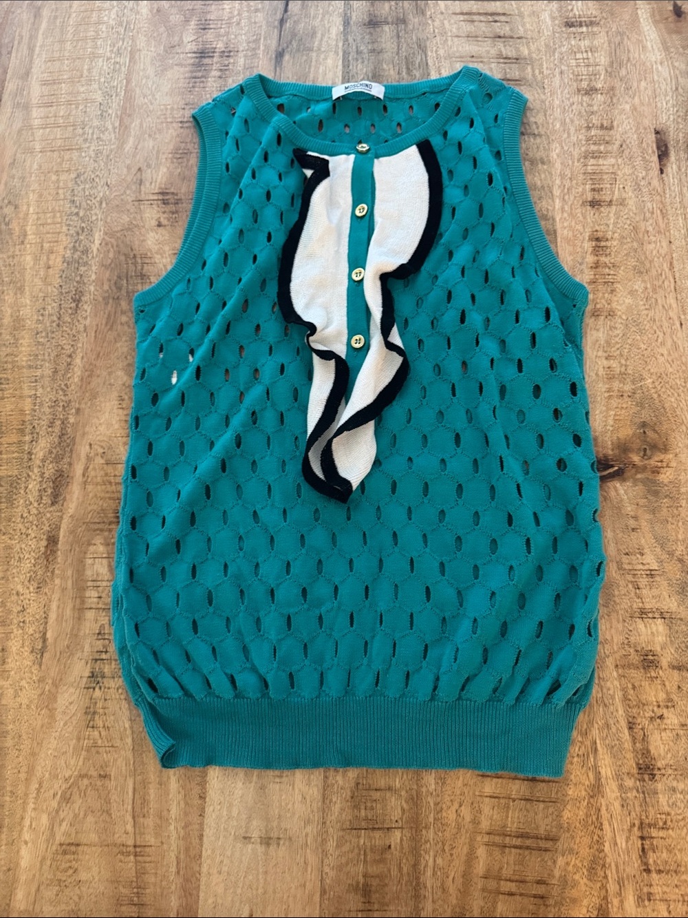 Moschino Cheap and Chic Line Sleeveless Teal Knit Tank Top Ruffle Front cotton